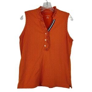Lands End Womens Tank Top Henley Size Small Orange White Polka Dot Ruffle